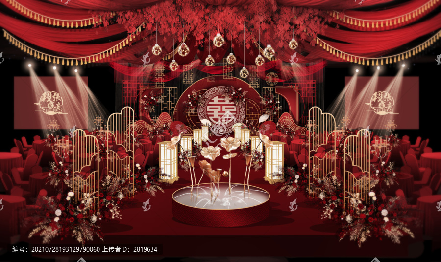 紅色中式荷花噴泉婚禮舞臺效果圖