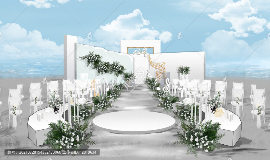 白綠戶(hù)外草坪婚禮效果圖背景