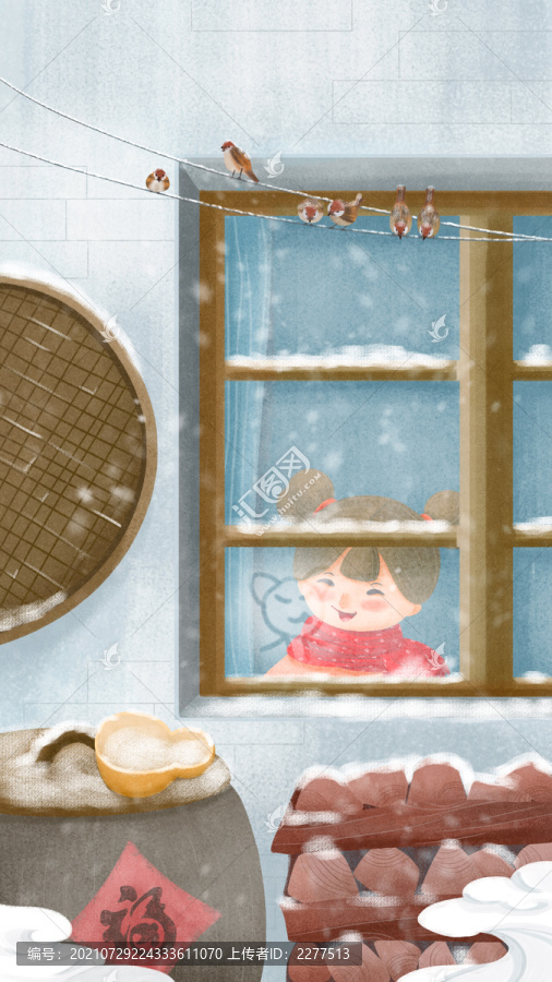 下雪了小女孩看著窗外的雪景