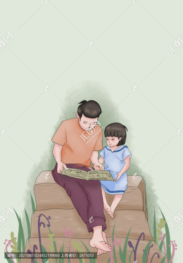 卡通父女親子讀書插畫