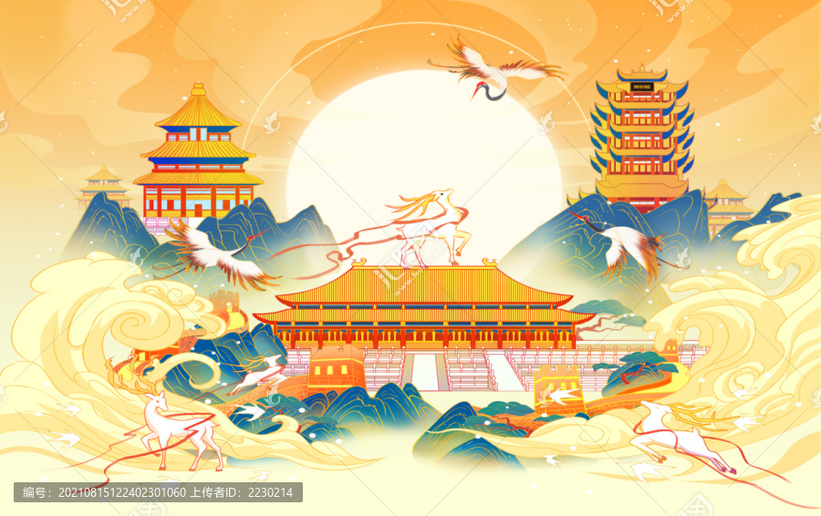 中秋節(jié)國(guó)慶節(jié)中國(guó)風(fēng)建筑插畫海報(bào)