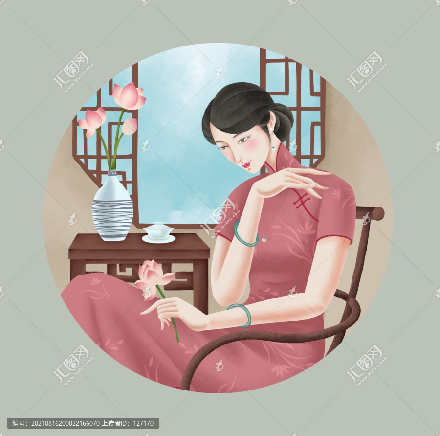 拿荷花旗袍女人