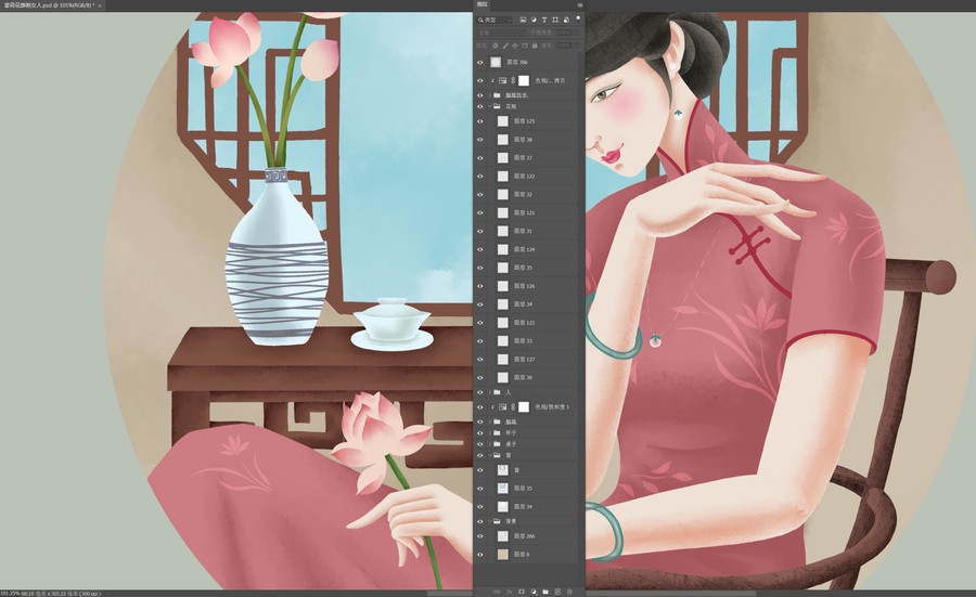 拿荷花旗袍女人