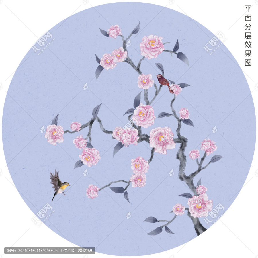 圓形牡丹花鳥畫