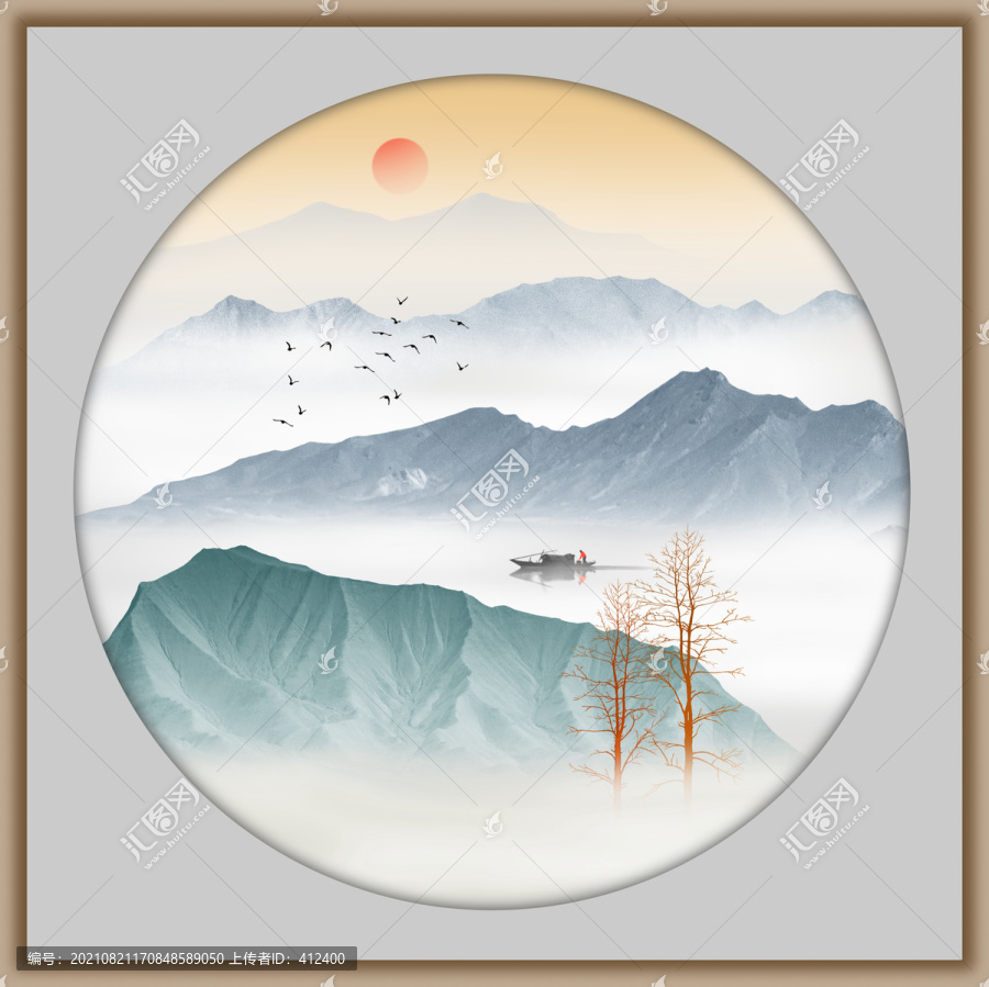 水墨山水青綠山水圓形鏡心