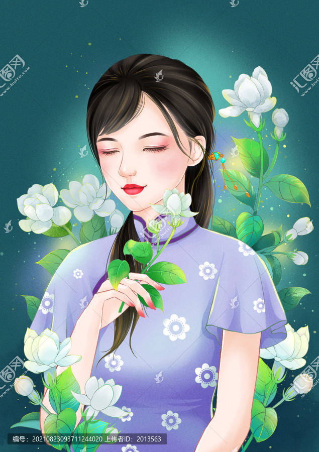 茉莉花旗袍女孩插畫