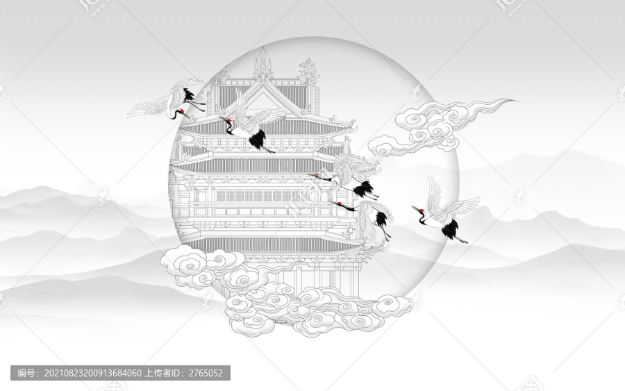仙鶴樓閣背景墻中式壁畫