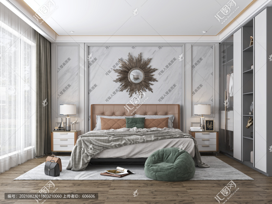美式卧室墙布壁画背景效果图