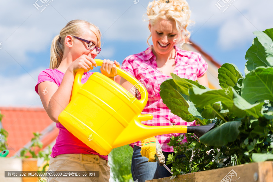 母亲和女儿在自家门前的花园里用罐子浇灌植物