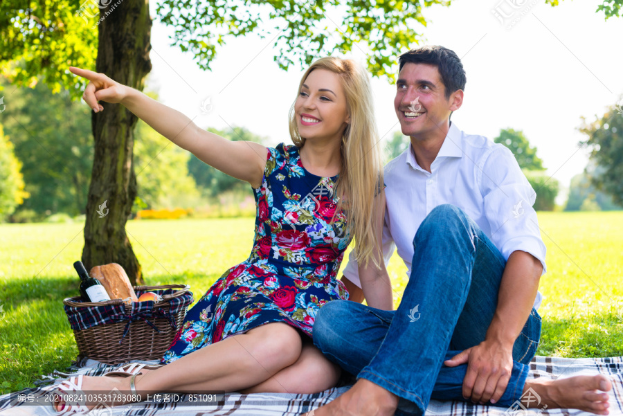 一对男女正在夏季草地上野餐