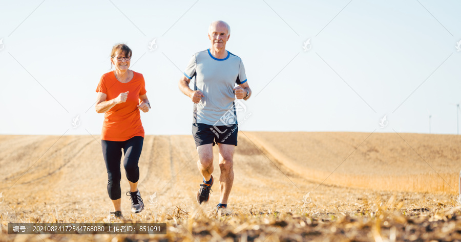 在球场上跑步或慢跑以保持身体健康的老年男女