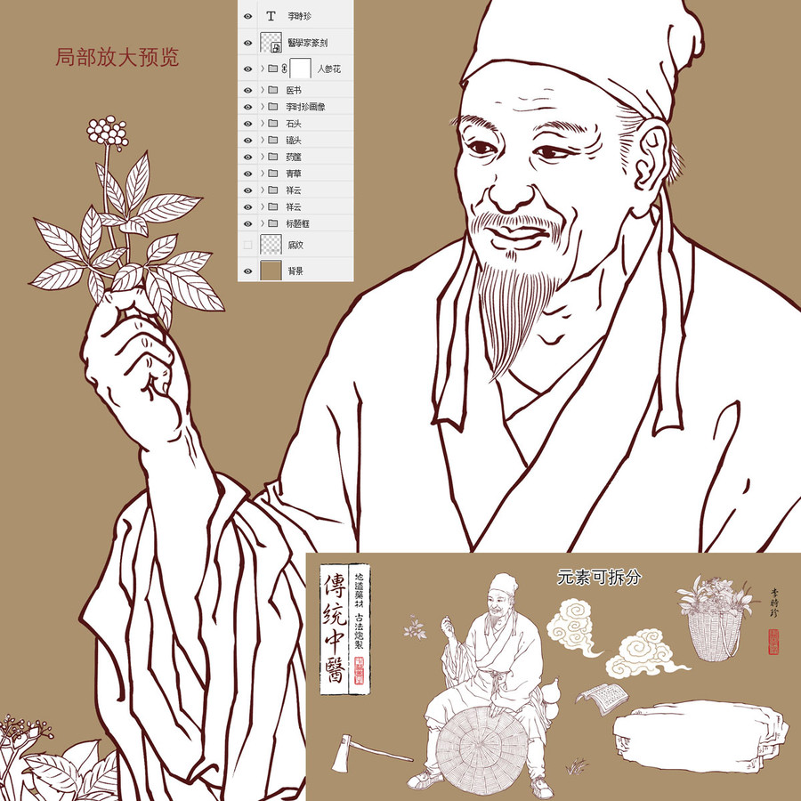 李時(shí)珍深山采藥線描圖