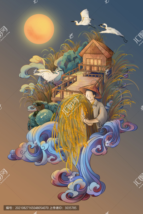 東北盤錦蟹田大米包裝插畫