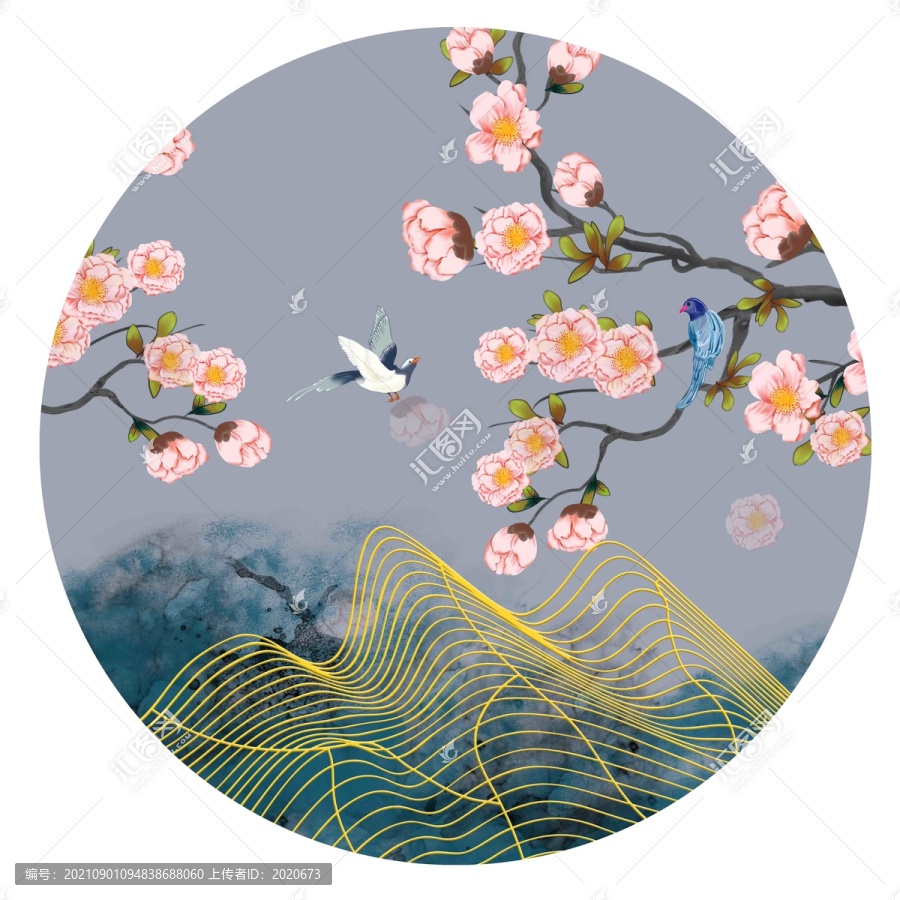 圓形牡丹花鳥裝飾畫
