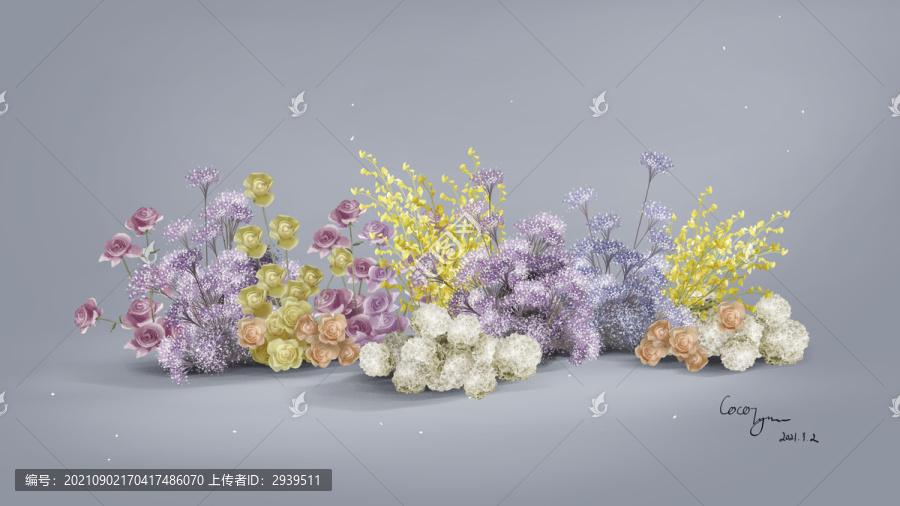 紫色系油畫風(fēng)婚禮效果圖花藝素材