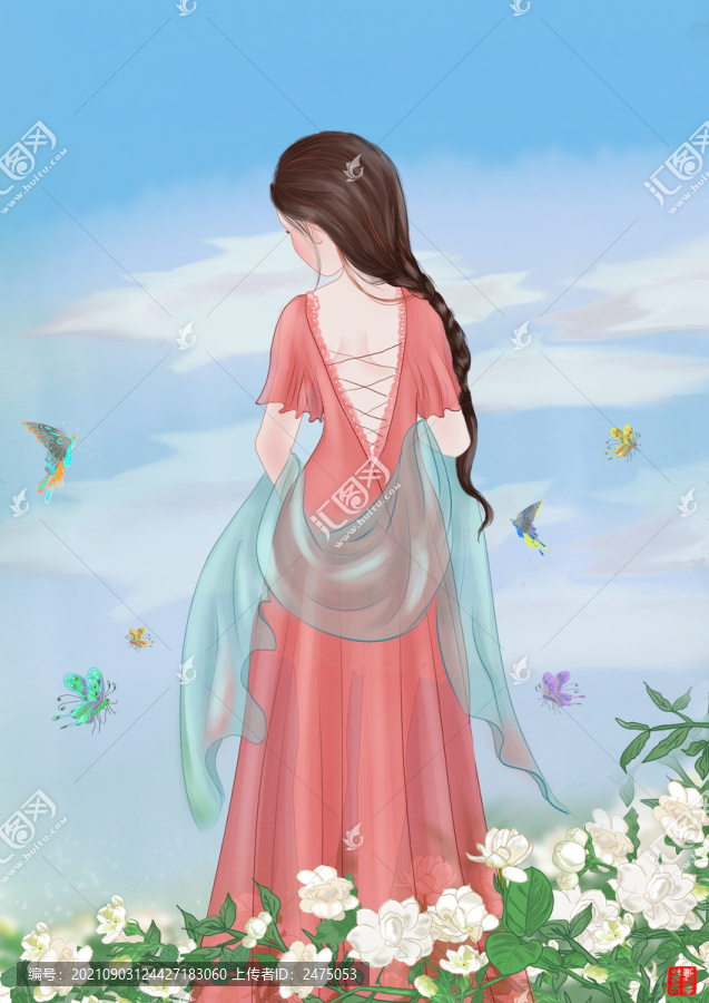 茉莉花美女背影包裝插畫