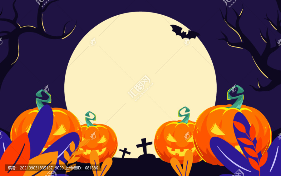 萬圣節(jié)魔法女巫夜晚南瓜燈插畫
