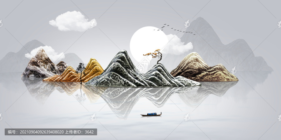 新中式月夜禪意立體浮雕山水畫
