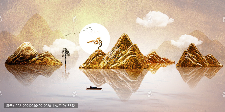 禪意新中式金色立體浮雕山水畫