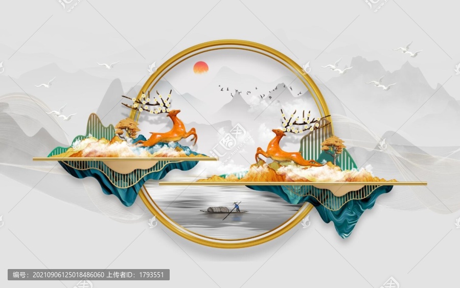 新中式水墨山水麋鹿背景墻