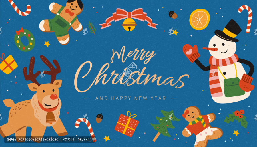 可愛圣誕節(jié)雪人與麋鹿插畫卡片