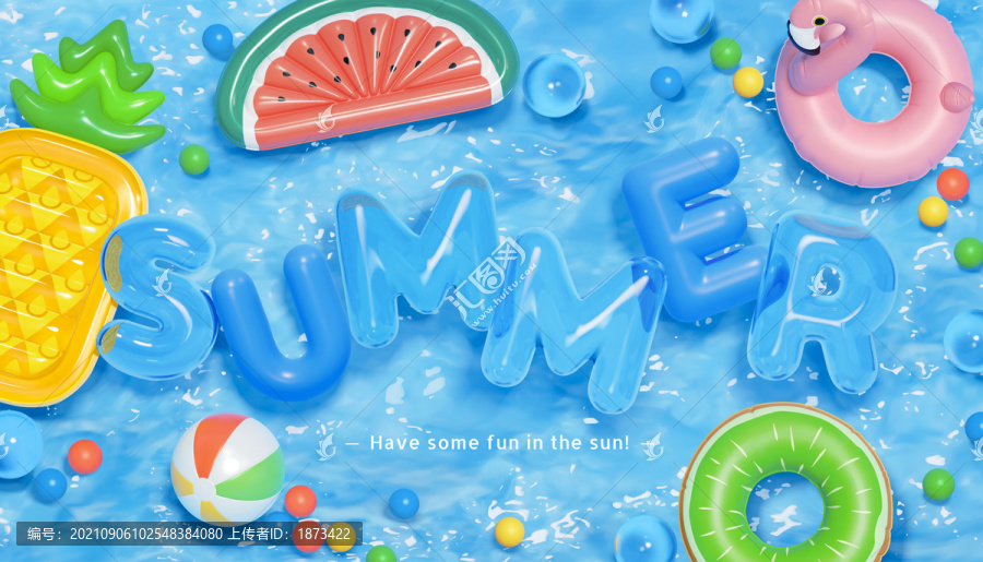 三維夏日英文字母氣球與造型泳圈浮在泳池上
