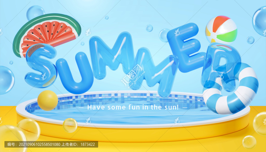三维SUMMER英文字母气球与泳池场景