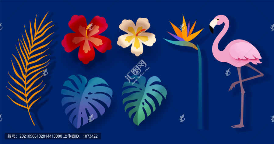 熱帶植物葉片與火烈鳥(niǎo)剪紙風(fēng)素材