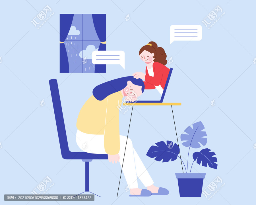 趴在桌前哭泣的女子扁平插圖,線上咨商概念