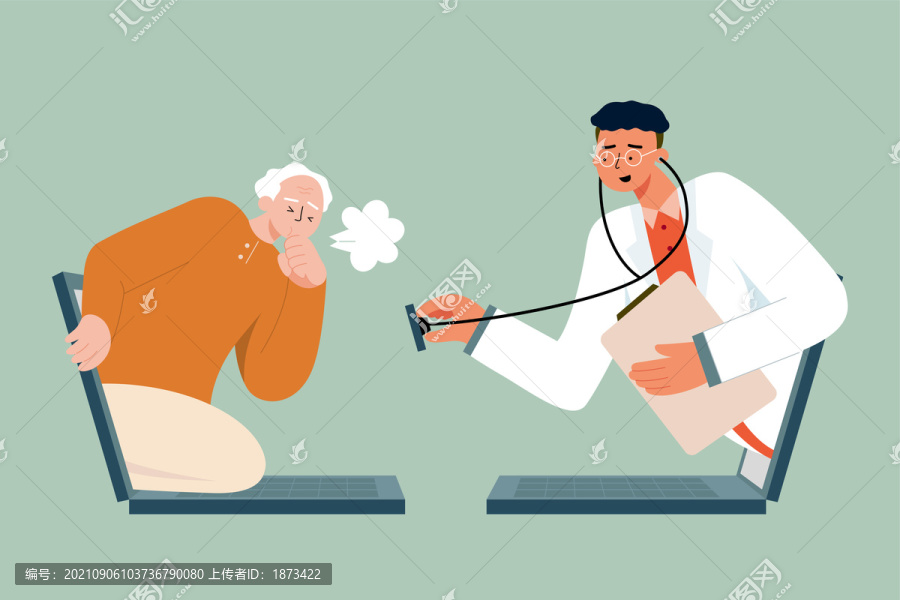 咳嗽老年男子透過遠(yuǎn)程視頻通話接受遠(yuǎn)程醫(yī)療