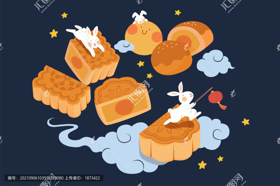 美味月饼与玉兔漂浮在空中扁平插图