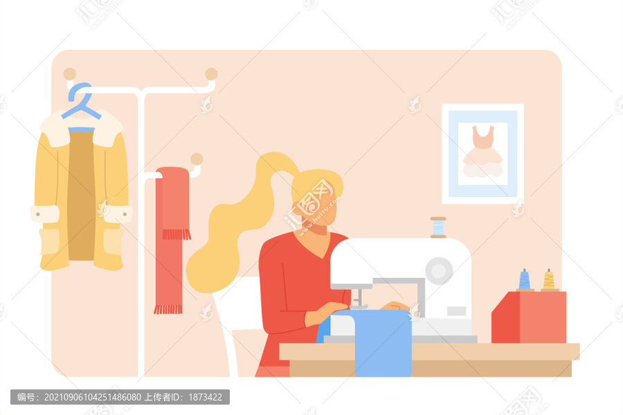 年輕的女裁縫在工作室使用縫紉機做衣服