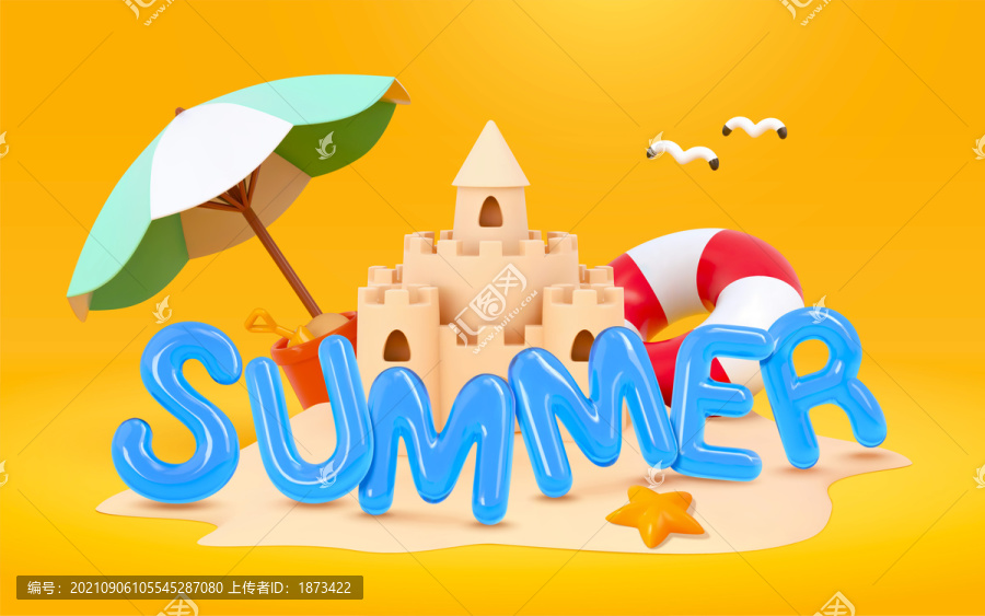 夏日概念三维插图,沙滩城堡与遮阳伞素材