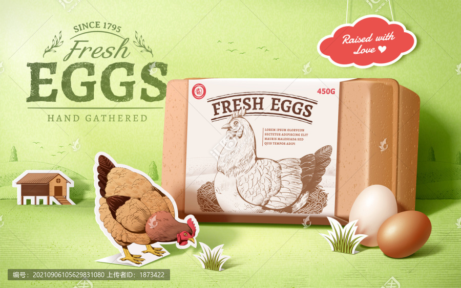蚀刻风母鸡插图包装,新鲜鸡蛋广告