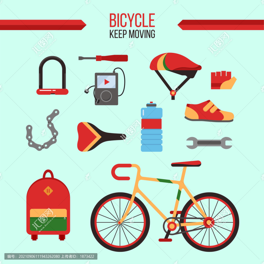 健康生活风格自行车零件组,平面插图