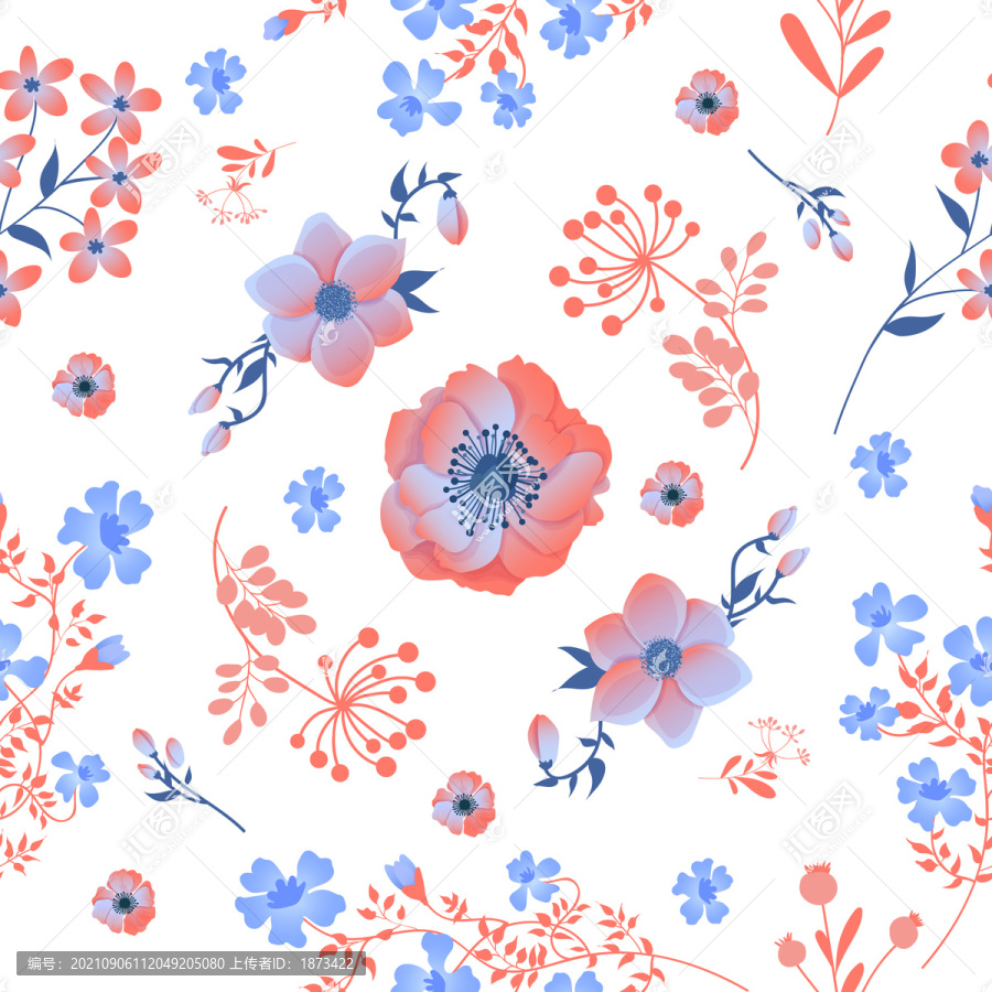 藍(lán)紅暈染花卉印花圖