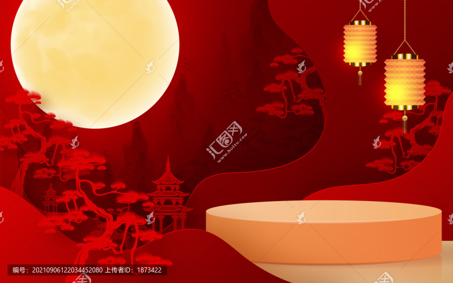 暗紅色古典中秋背景及圓形展示臺