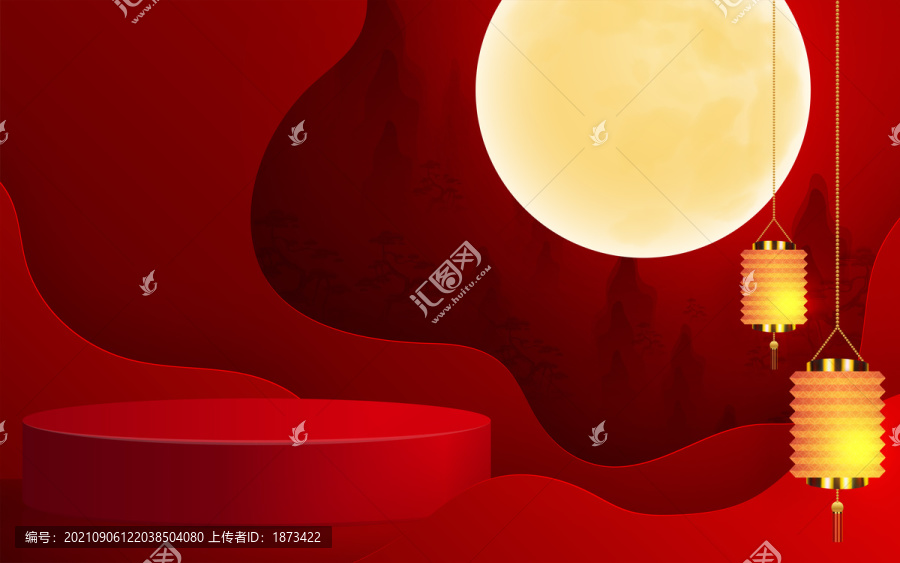 暗紅色中秋燈籠背景及圓形展示臺