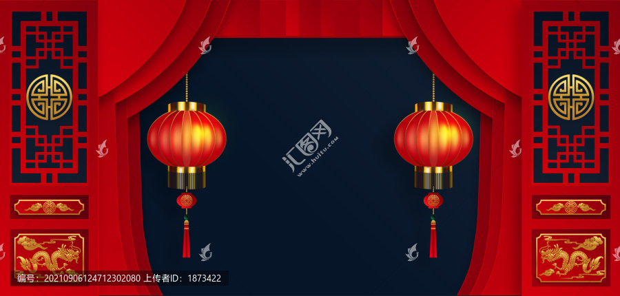紅色復(fù)古中式木雕落地門窗插畫