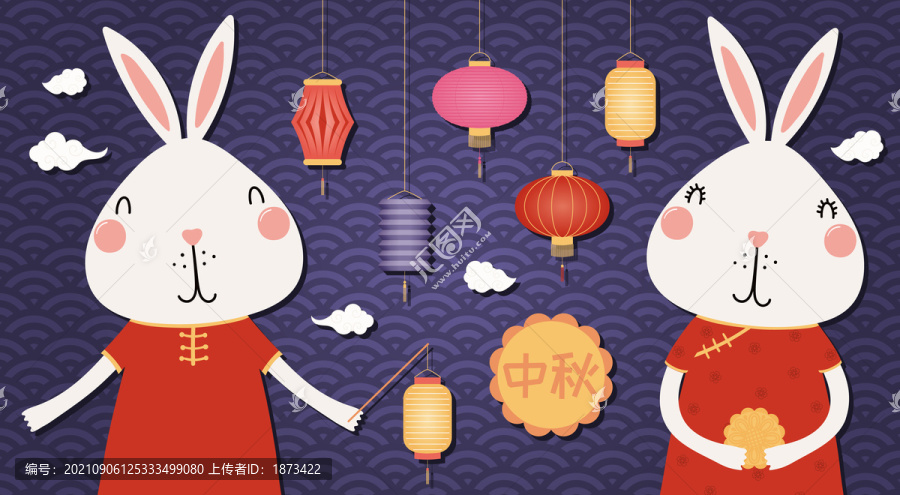 兩只身穿旗袍的白兔慶祝中秋插圖