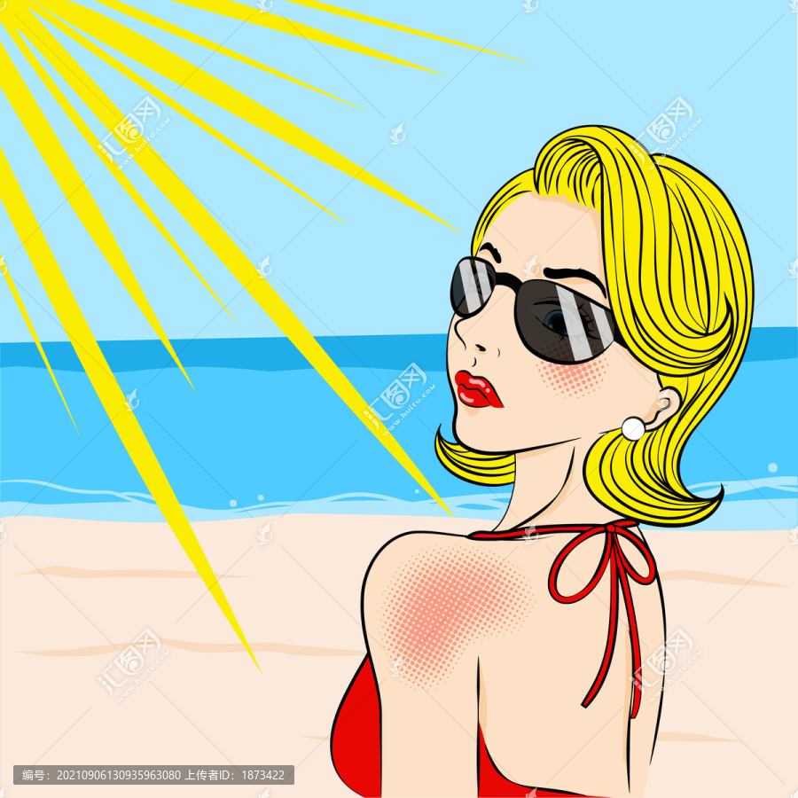 女人海边日光浴复古风插图