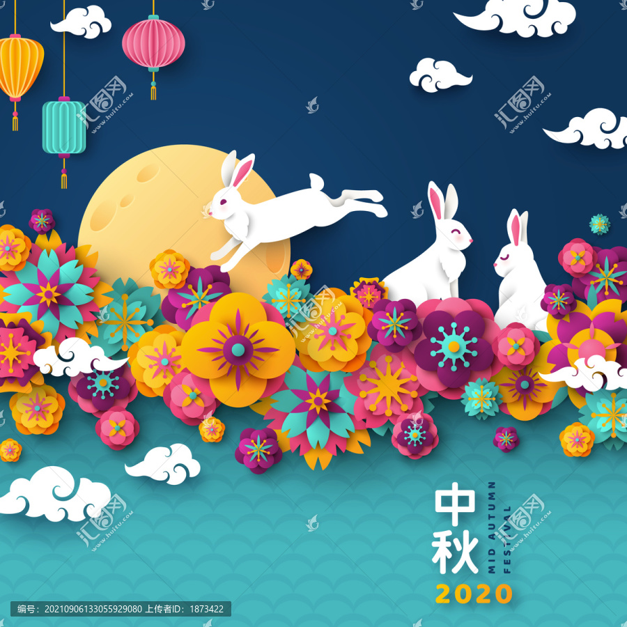 藍(lán)底色繽紛花群與兔子中秋素材