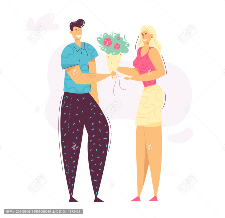 女生開心的收下男朋友送的花束插圖