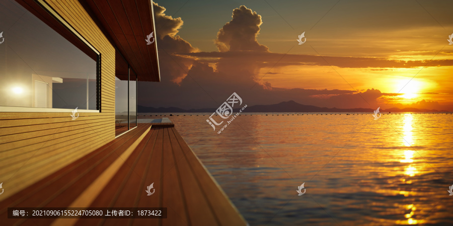 濱海木頭平臺(tái)小屋景觀圖
