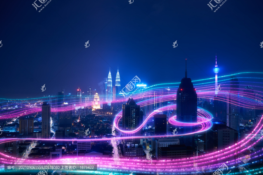霓虹炫目光流围绕吉隆坡摩天高楼照