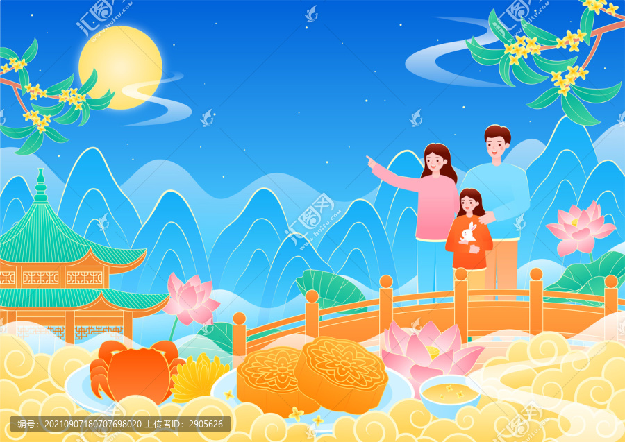 中秋家人團(tuán)圓賞景吃月餅矢量插畫