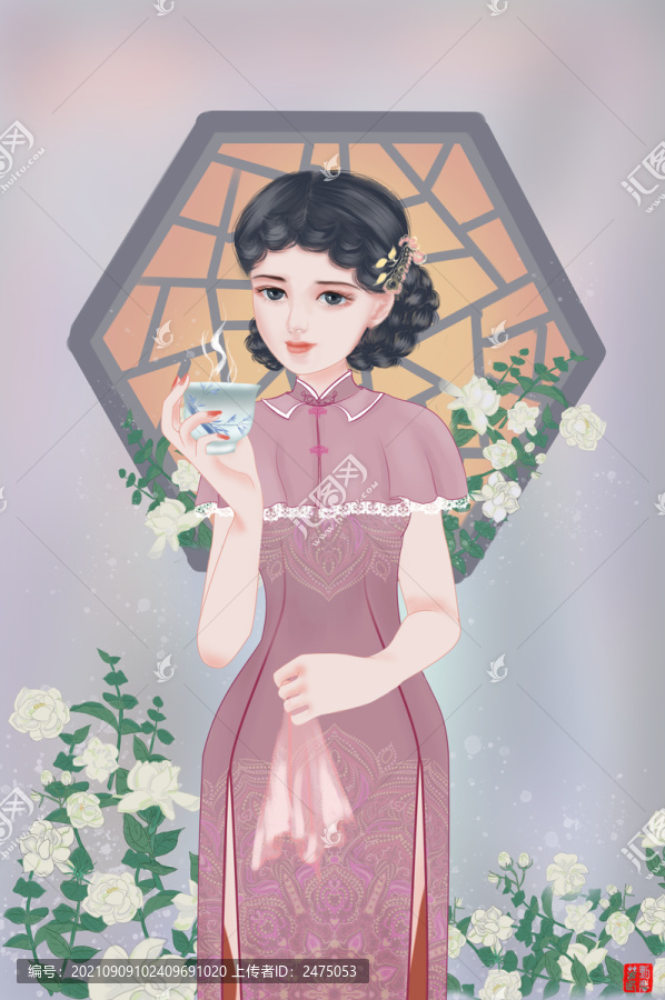 旗袍少女美女品茶茶茶包裝