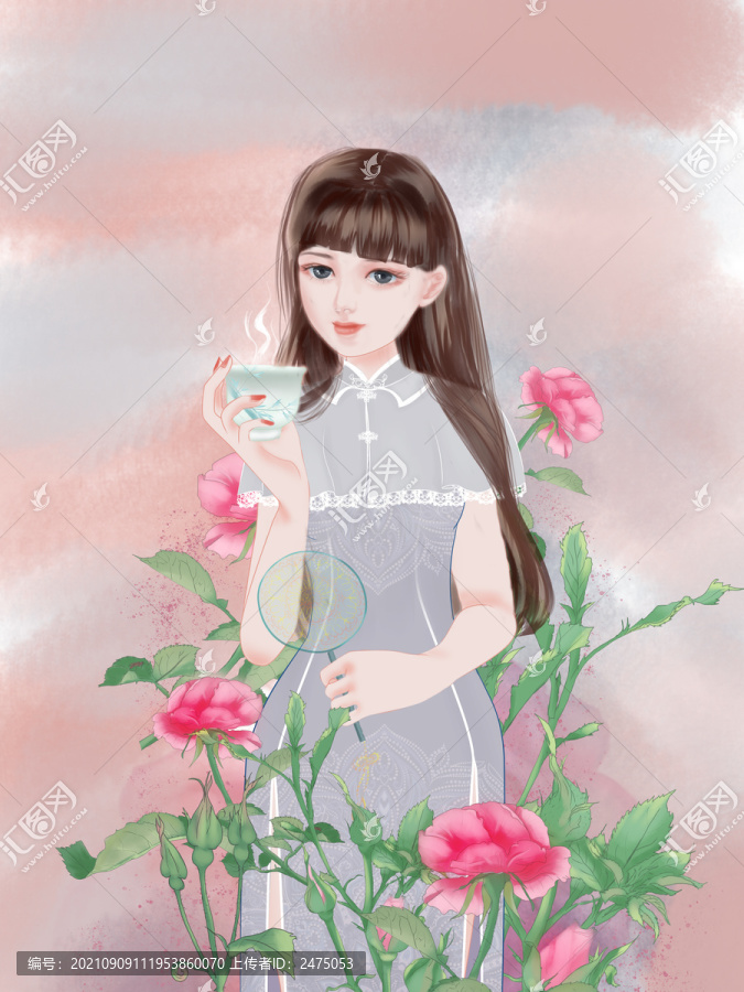 旗袍美女品茶