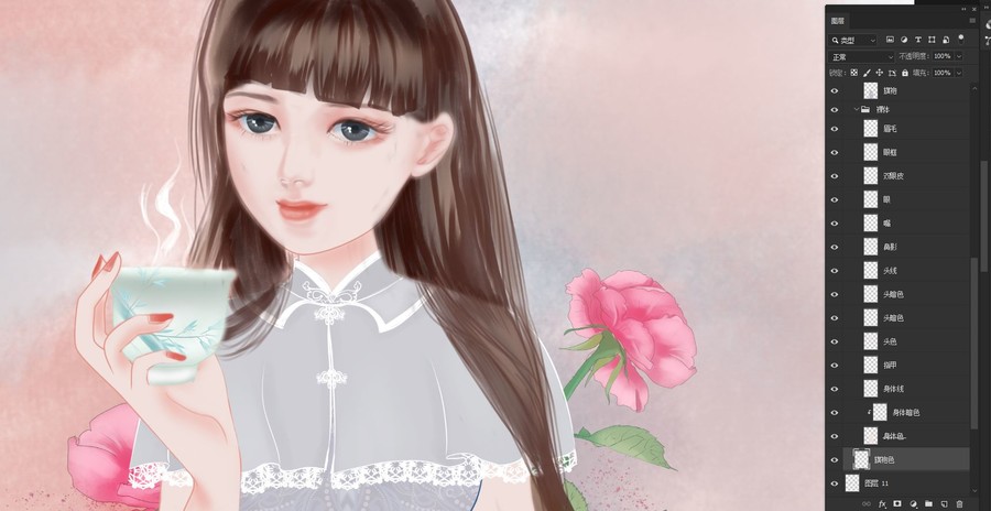 旗袍美女品茶