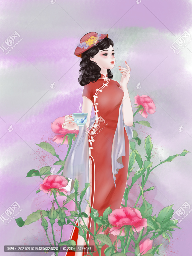 旗袍美女品茶